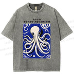Unisex Japanese Octopus Printed Washed Tee
