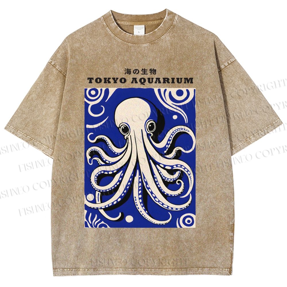 Unisex Japanese Octopus Printed Washed Tee