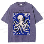 Unisex Japanese Octopus Printed Washed Tee