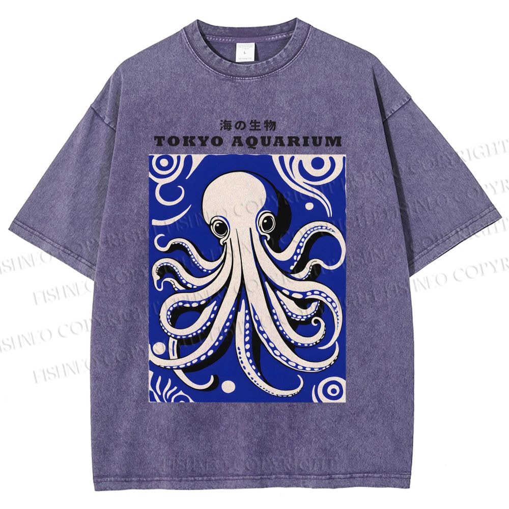 Unisex Japanese Octopus Printed Washed Tee