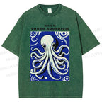 Unisex Japanese Octopus Printed Washed Tee