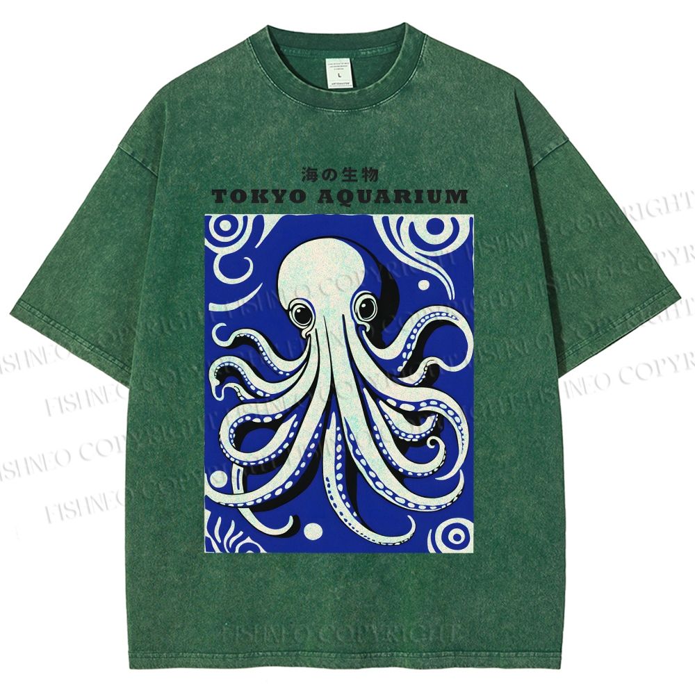 Unisex Japanese Octopus Printed Washed Tee