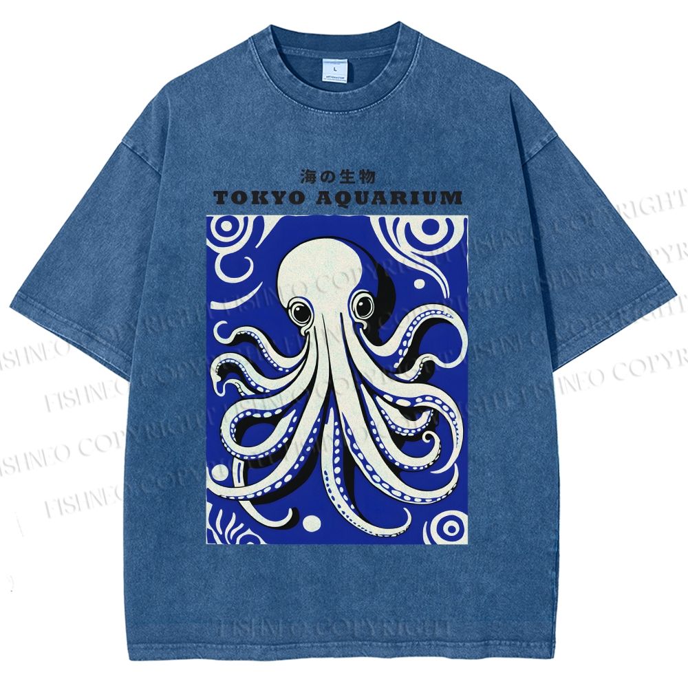 Unisex Japanese Octopus Printed Washed Tee
