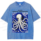 Unisex Japanese Octopus Printed Washed Tee