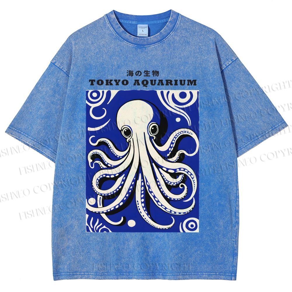 Unisex Japanese Octopus Printed Washed Tee