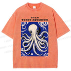 Unisex Japanese Octopus Printed Washed Tee