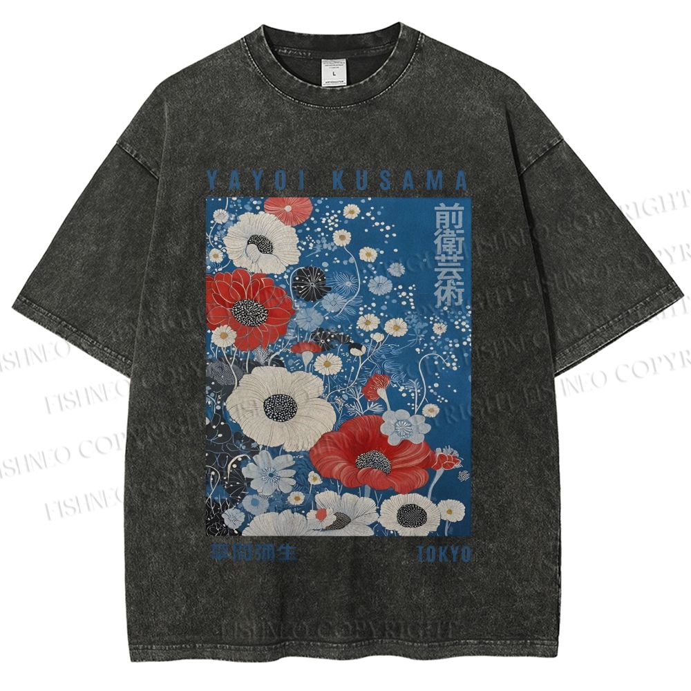 Unisex Yayoi Kusama Flowers Printed Washed Tee