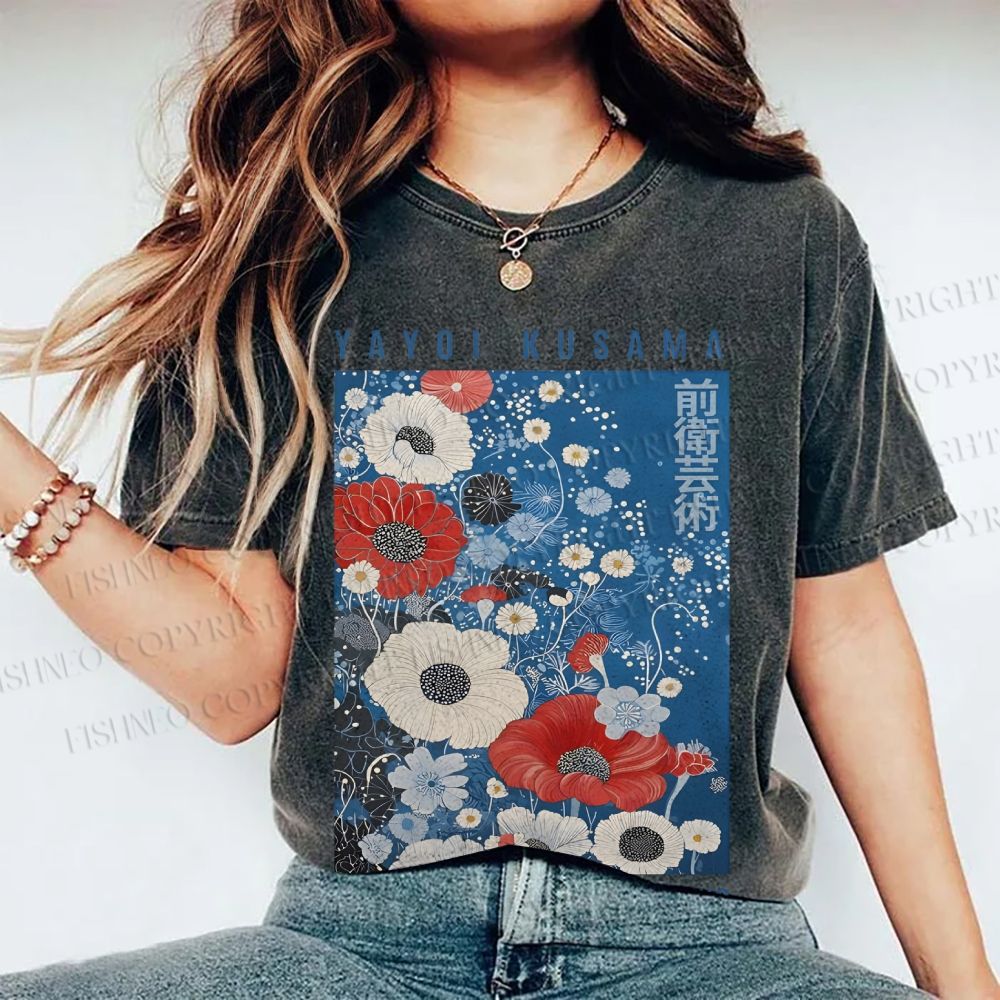 Unisex Yayoi Kusama Flowers Printed Washed Tee