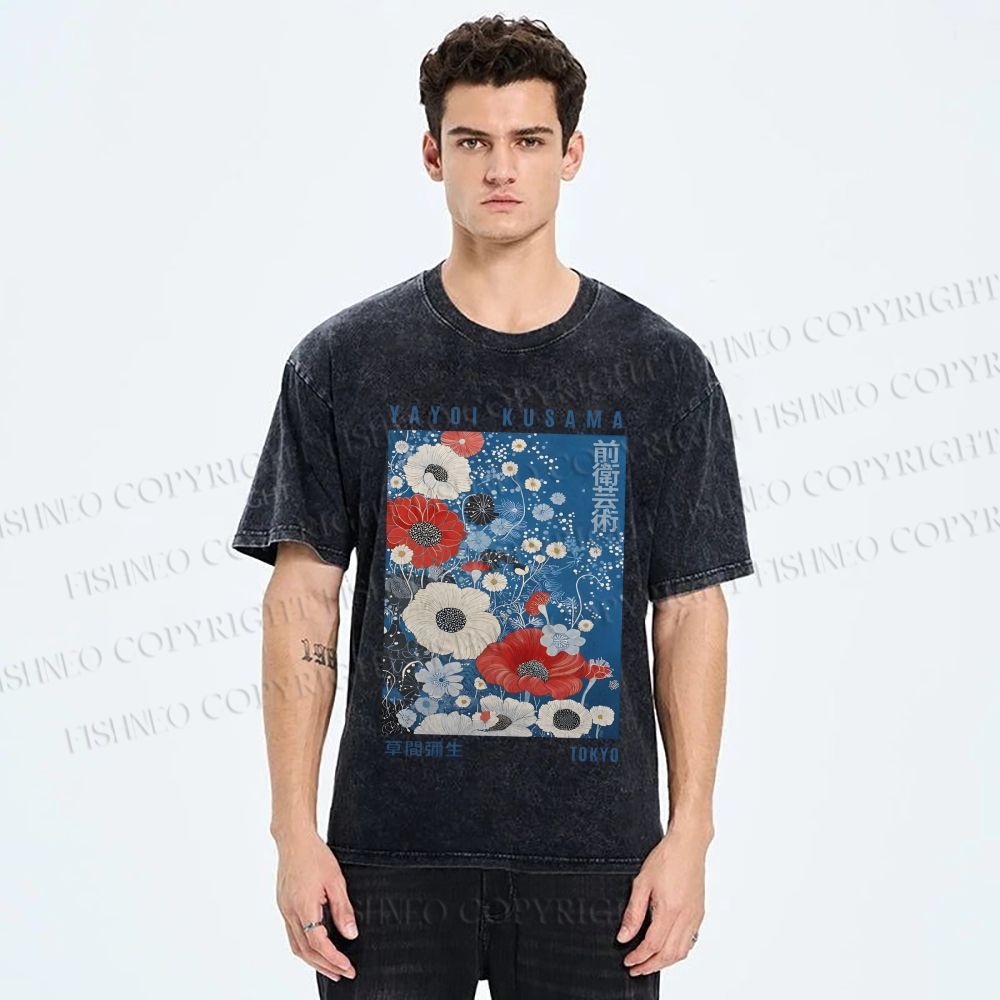 Unisex Yayoi Kusama Flowers Printed Washed Tee