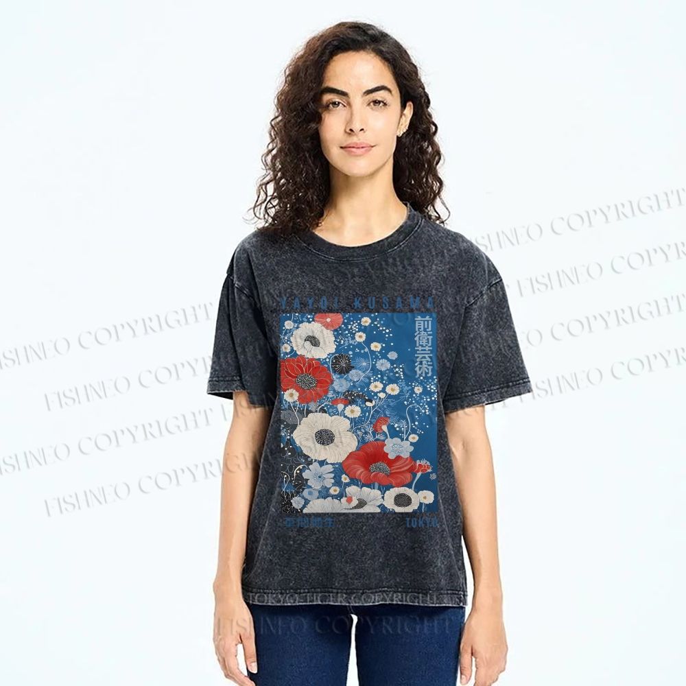 Unisex Yayoi Kusama Flowers Printed Washed Tee