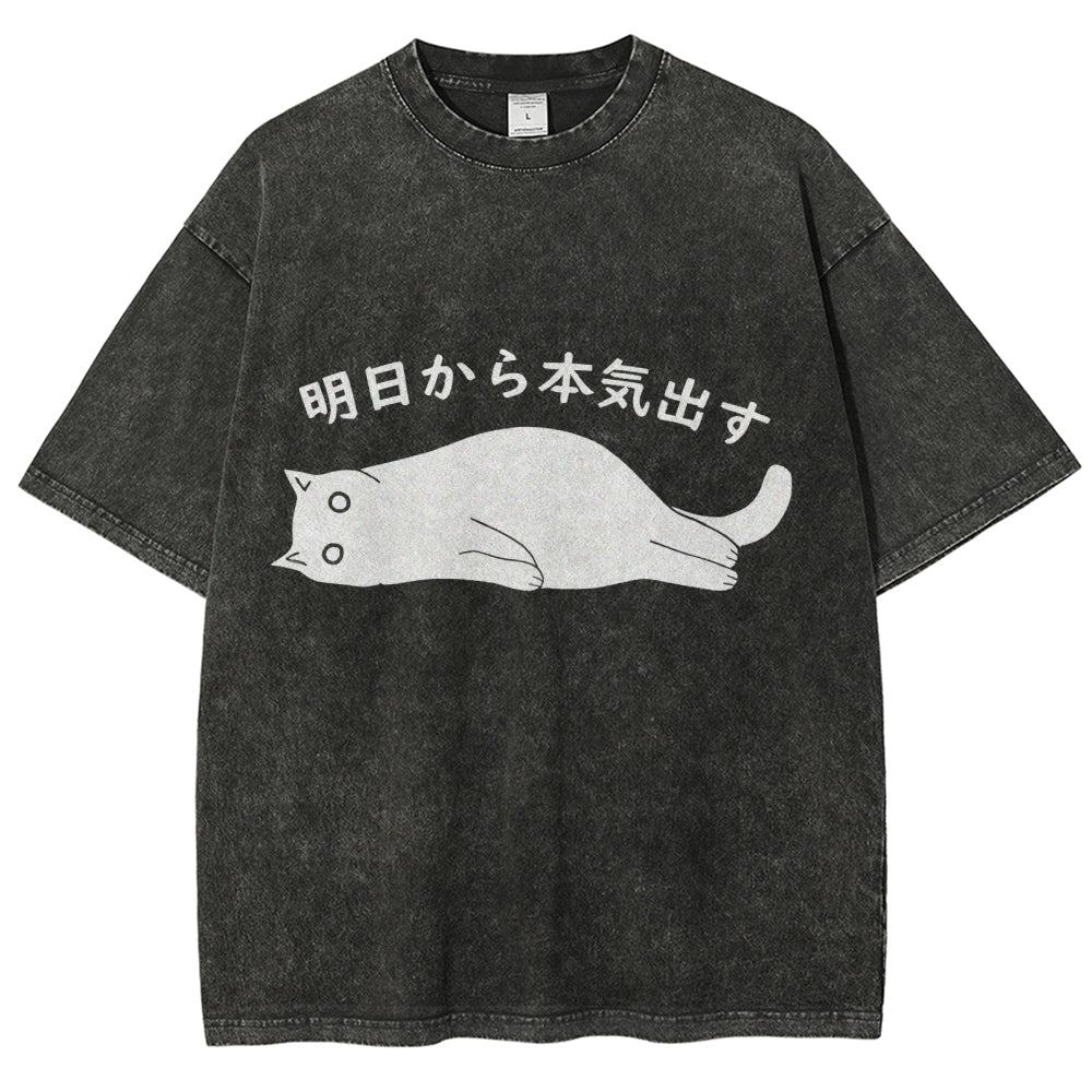 Black Cat Get Serious from Tomorrow Onwards Vintage Wash Japanese Design T-Shirt