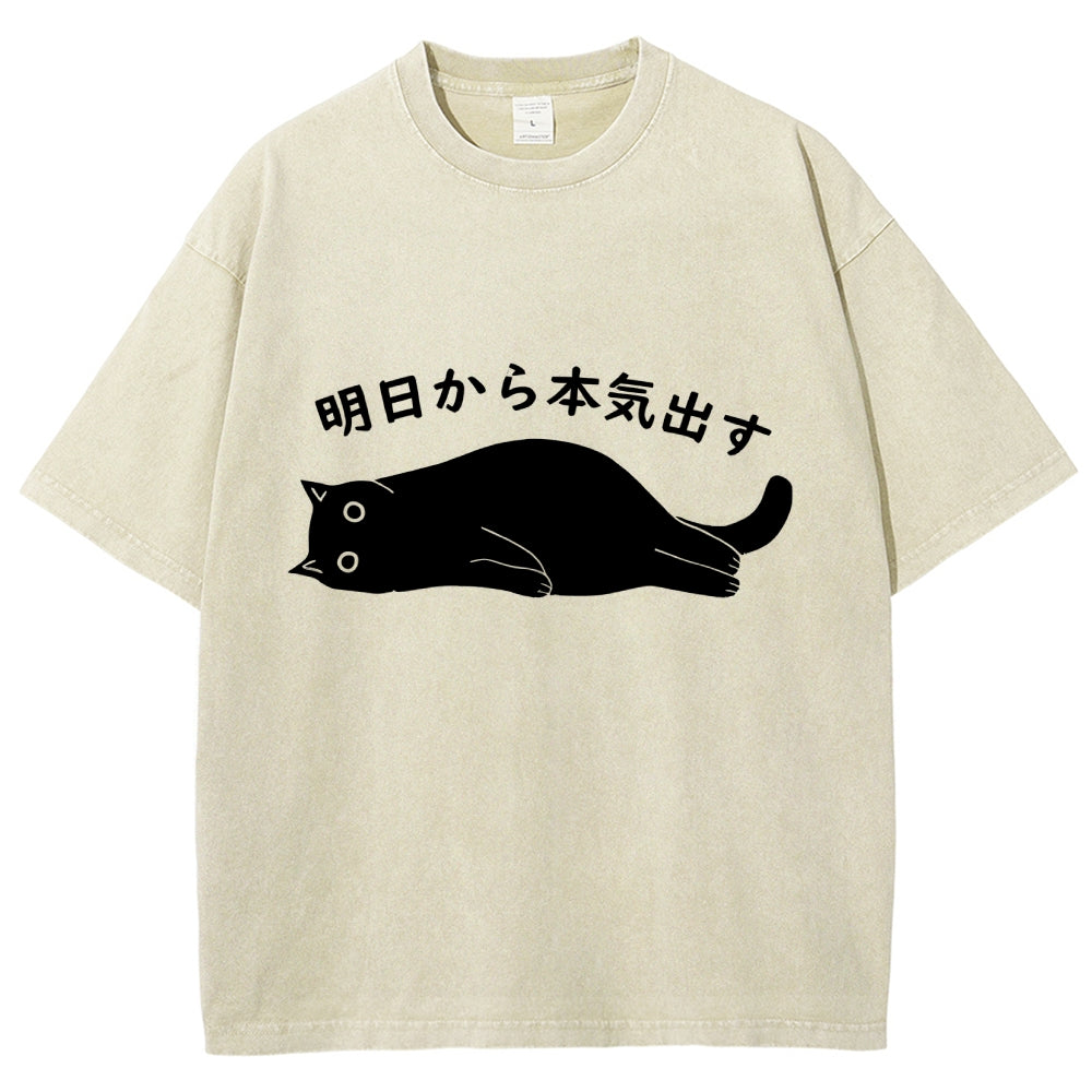 Black Cat Get Serious from Tomorrow Onwards Vintage Wash Japanese Design T-Shirt