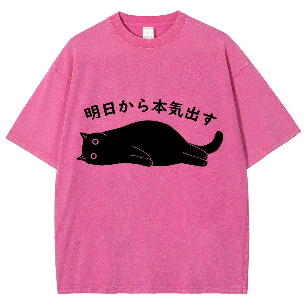 Black Cat Get Serious from Tomorrow Onwards Vintage Wash Japanese Design T-Shirt