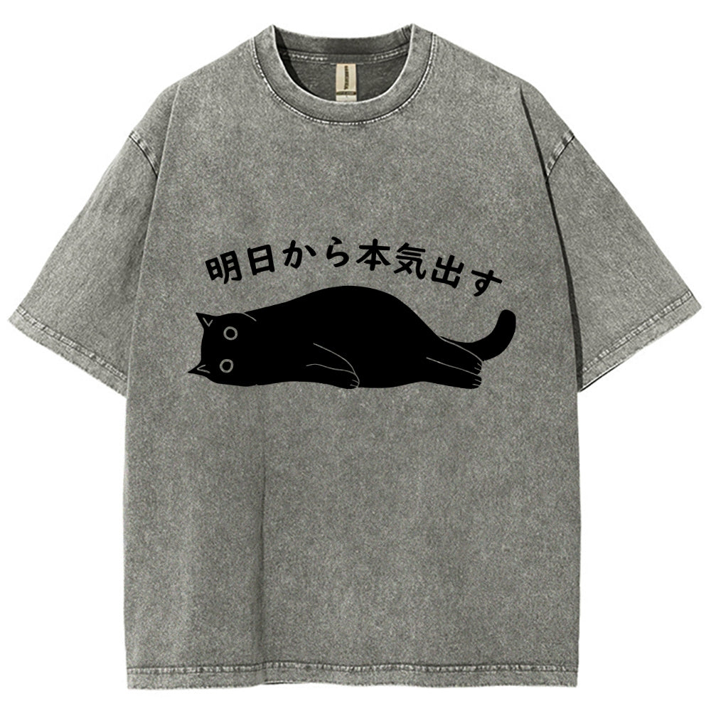 Black Cat Get Serious from Tomorrow Onwards Vintage Wash Japanese Design T-Shirt