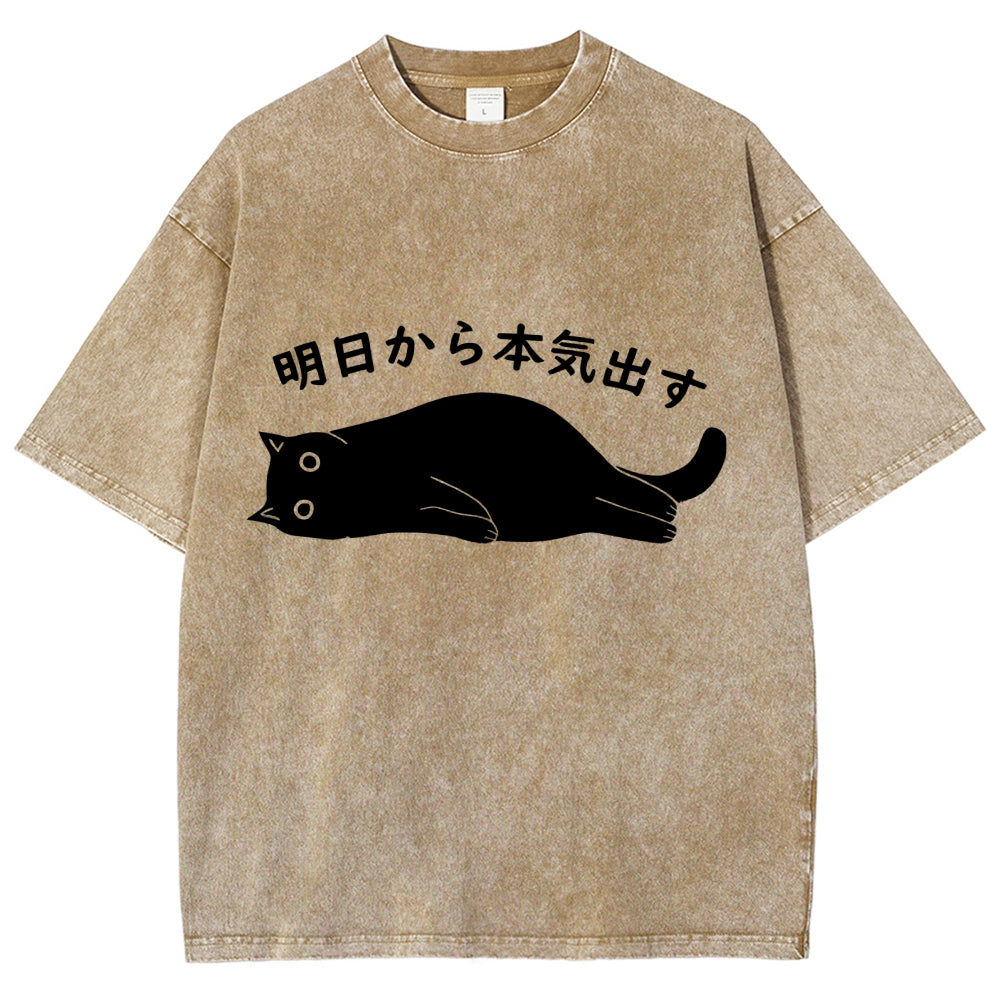 Black Cat Get Serious from Tomorrow Onwards Vintage Wash Japanese Design T-Shirt