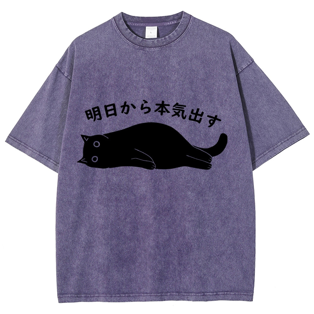 Black Cat Get Serious from Tomorrow Onwards Vintage Wash Japanese Design T-Shirt