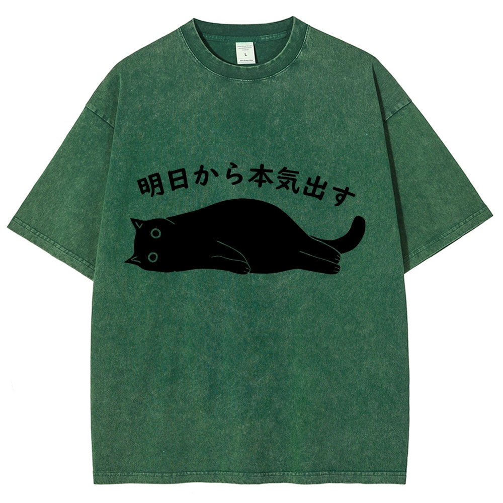 Black Cat Get Serious from Tomorrow Onwards Vintage Wash Japanese Design T-Shirt