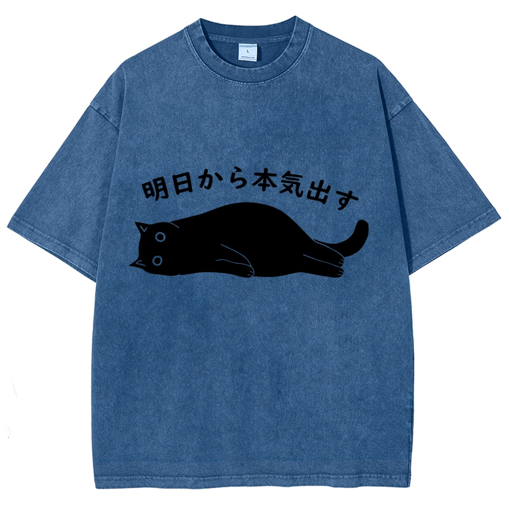 Black Cat Get Serious from Tomorrow Onwards Vintage Wash Japanese Design T-Shirt