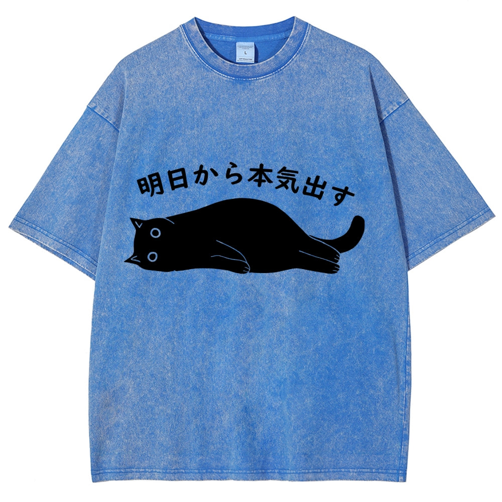 Black Cat Get Serious from Tomorrow Onwards Vintage Wash Japanese Design T-Shirt