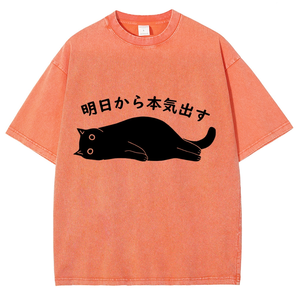 Black Cat Get Serious from Tomorrow Onwards Vintage Wash Japanese Design T-Shirt