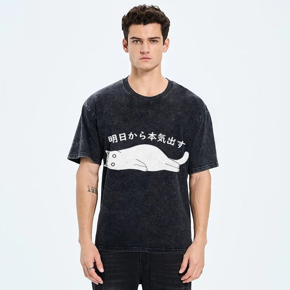Black Cat Get Serious from Tomorrow Onwards Vintage Wash Japanese Design T-Shirt