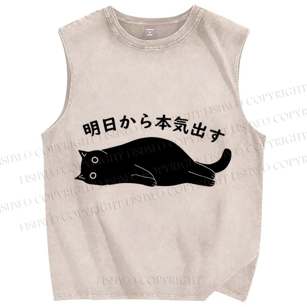 Unisex Black Cat Get Serious from Tomorrow Onwards Printed Washed Tank Top