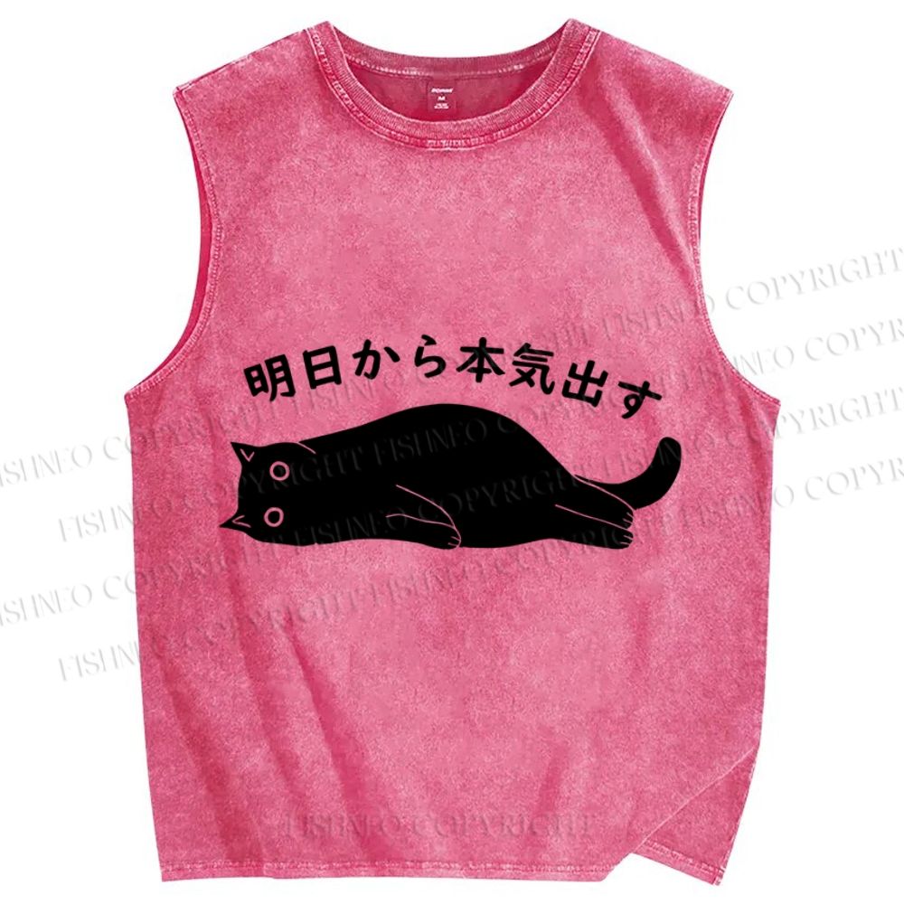 Unisex Black Cat Get Serious from Tomorrow Onwards Printed Washed Tank Top
