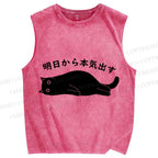 Unisex Black Cat Get Serious from Tomorrow Onwards Printed Washed Tank Top
