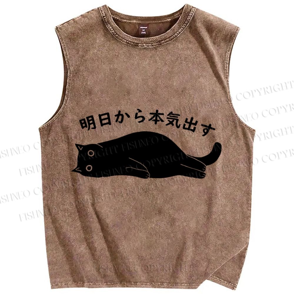 Unisex Black Cat Get Serious from Tomorrow Onwards Printed Washed Tank Top