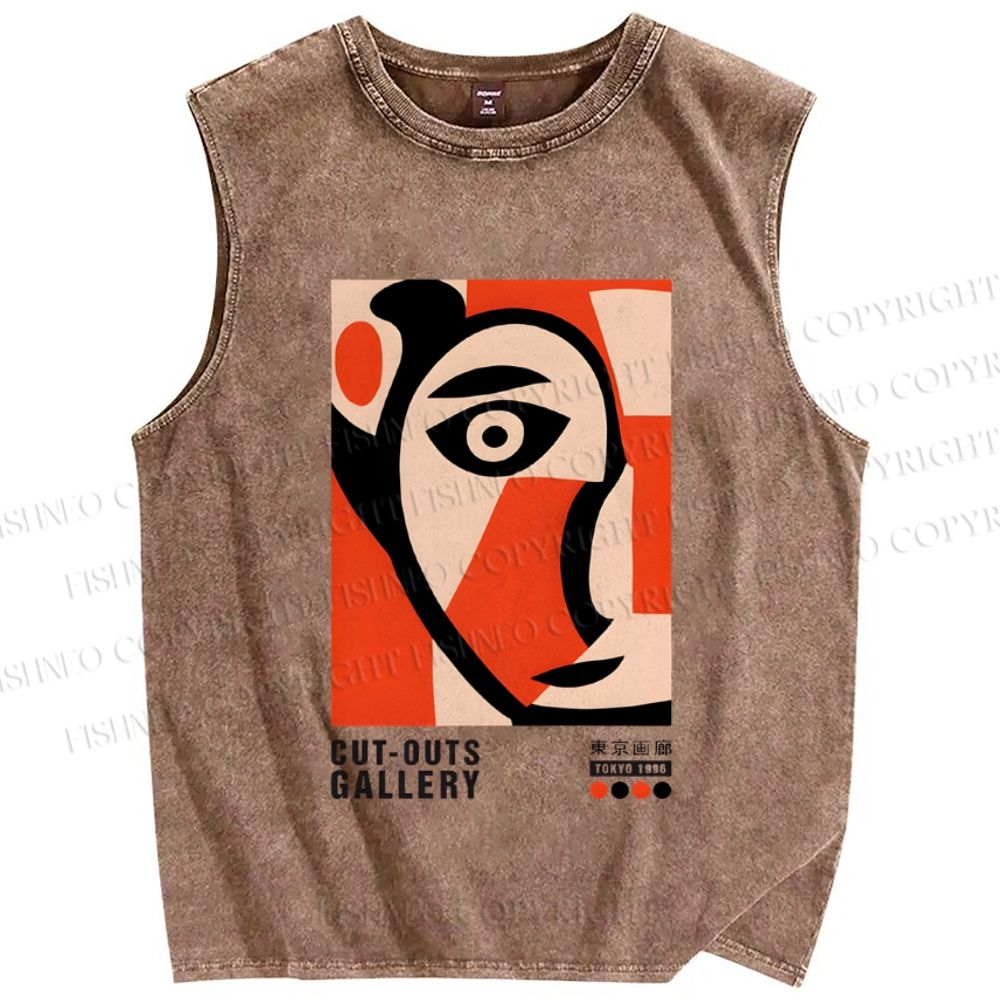 Unisex Art Geometric Face Printed Washed Tank Top