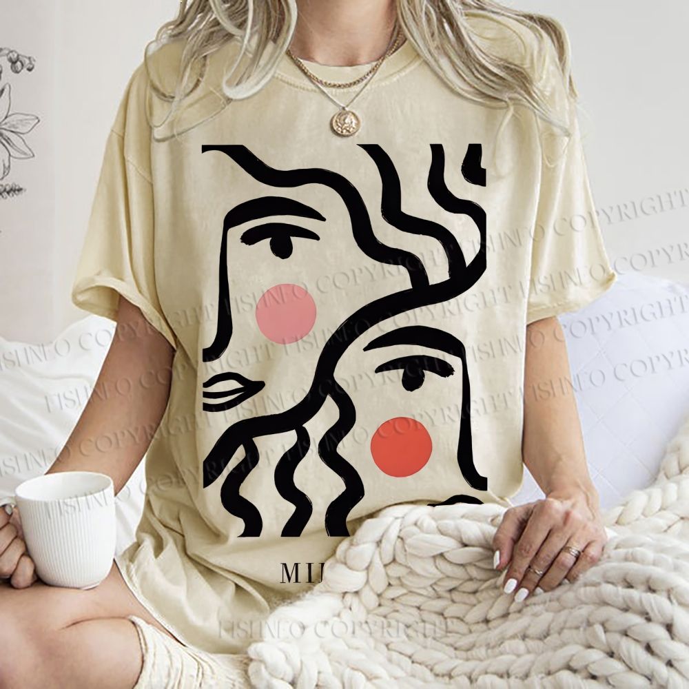 Unisex Art Geometric Face Printed Washed Tee