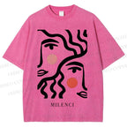 Unisex Art Geometric Face Printed Washed Tee