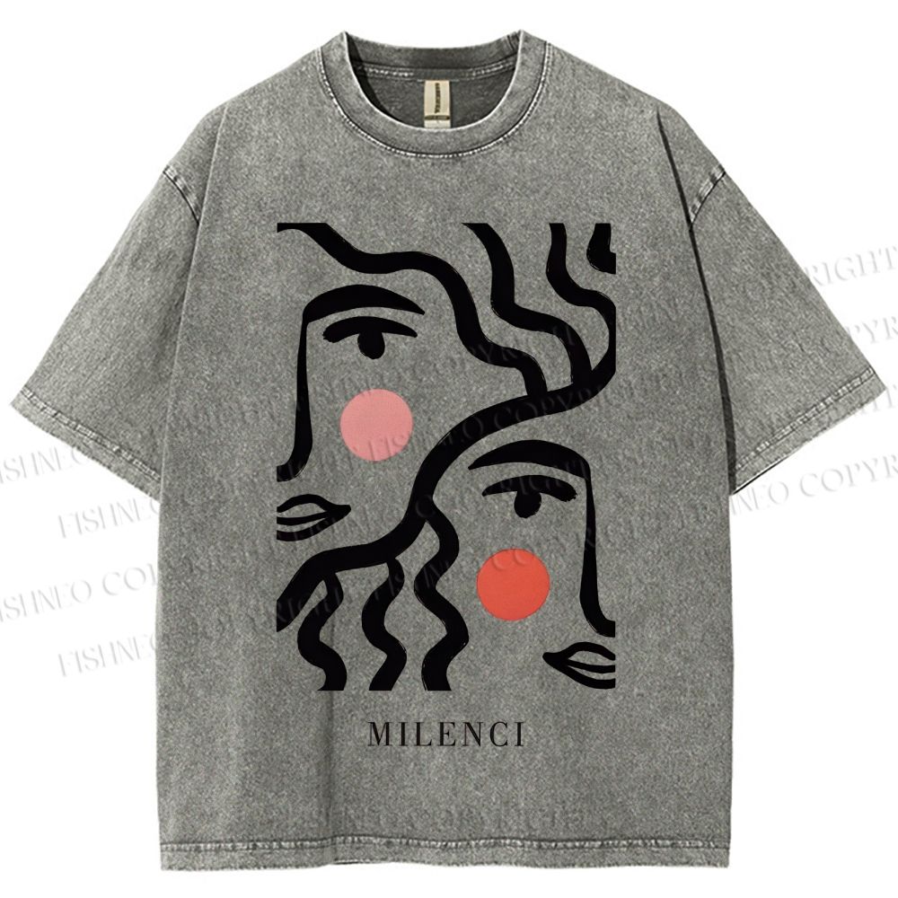 Unisex Art Geometric Face Printed Washed Tee