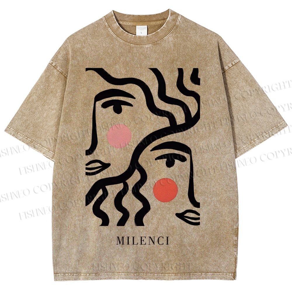 Unisex Art Geometric Face Printed Washed Tee