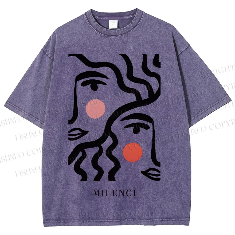 Unisex Art Geometric Face Printed Washed Tee