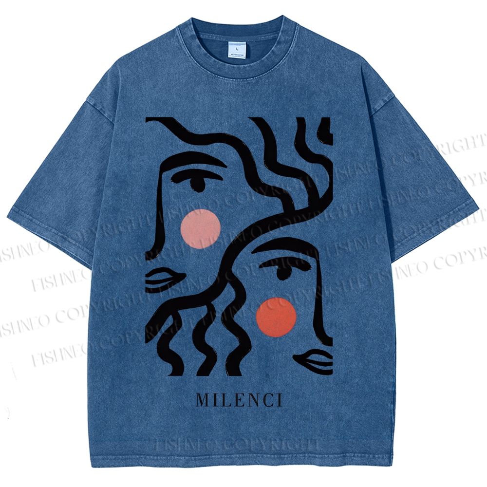 Unisex Art Geometric Face Printed Washed Tee