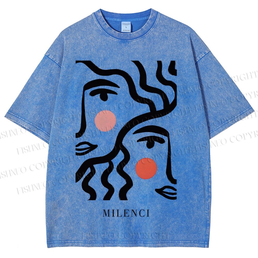 Unisex Art Geometric Face Printed Washed Tee