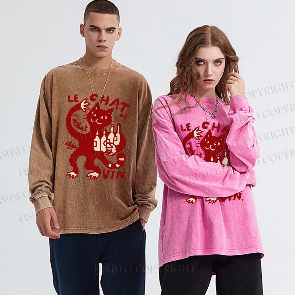 Unisex Casual Washed Vintage Drinking Cat Printed Long Sleeve T-shirt