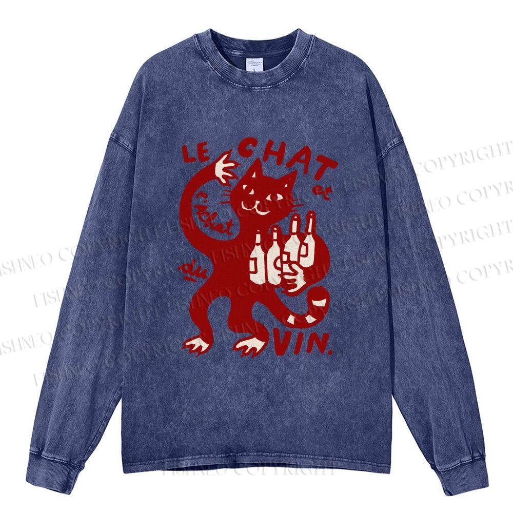 Unisex Casual Washed Vintage Drinking Cat Printed Long Sleeve T-shirt
