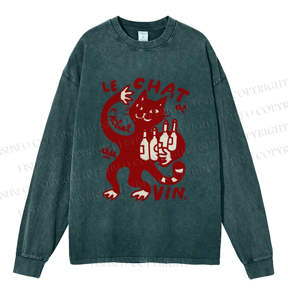 Unisex Casual Washed Vintage Drinking Cat Printed Long Sleeve T-shirt