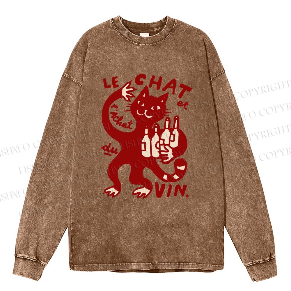 Unisex Casual Washed Vintage Drinking Cat Printed Long Sleeve T-shirt