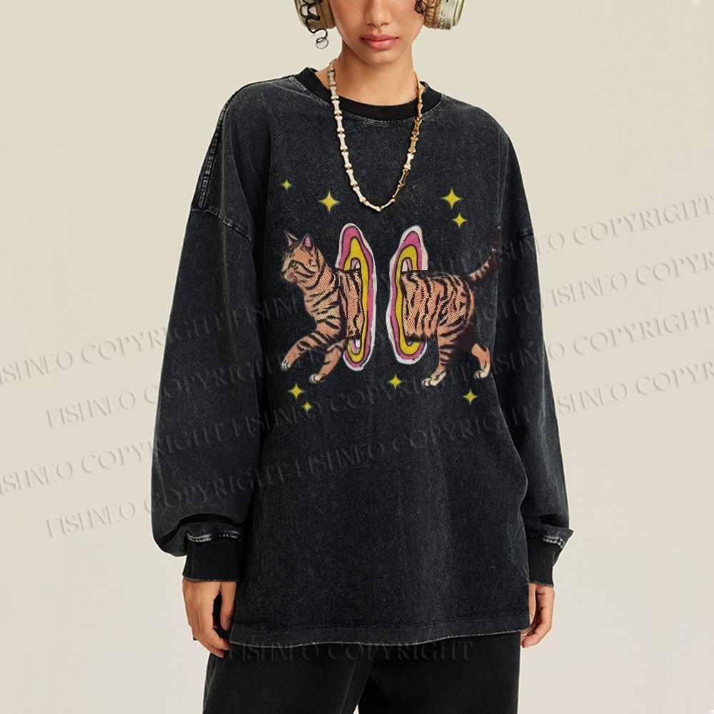 Unisex Casual Washed Vintage Cat Printed Long Sleeve T-shirt