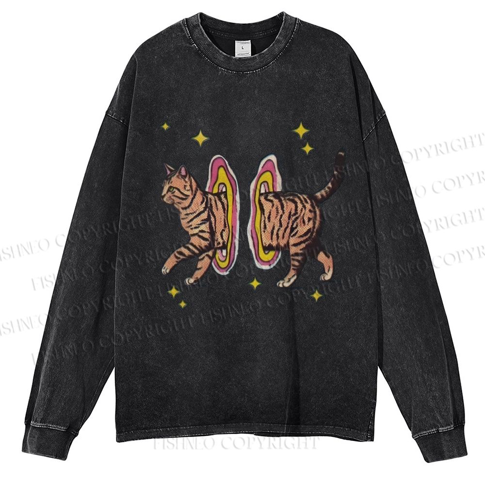 Unisex Casual Washed Vintage Cat Printed Long Sleeve T-shirt