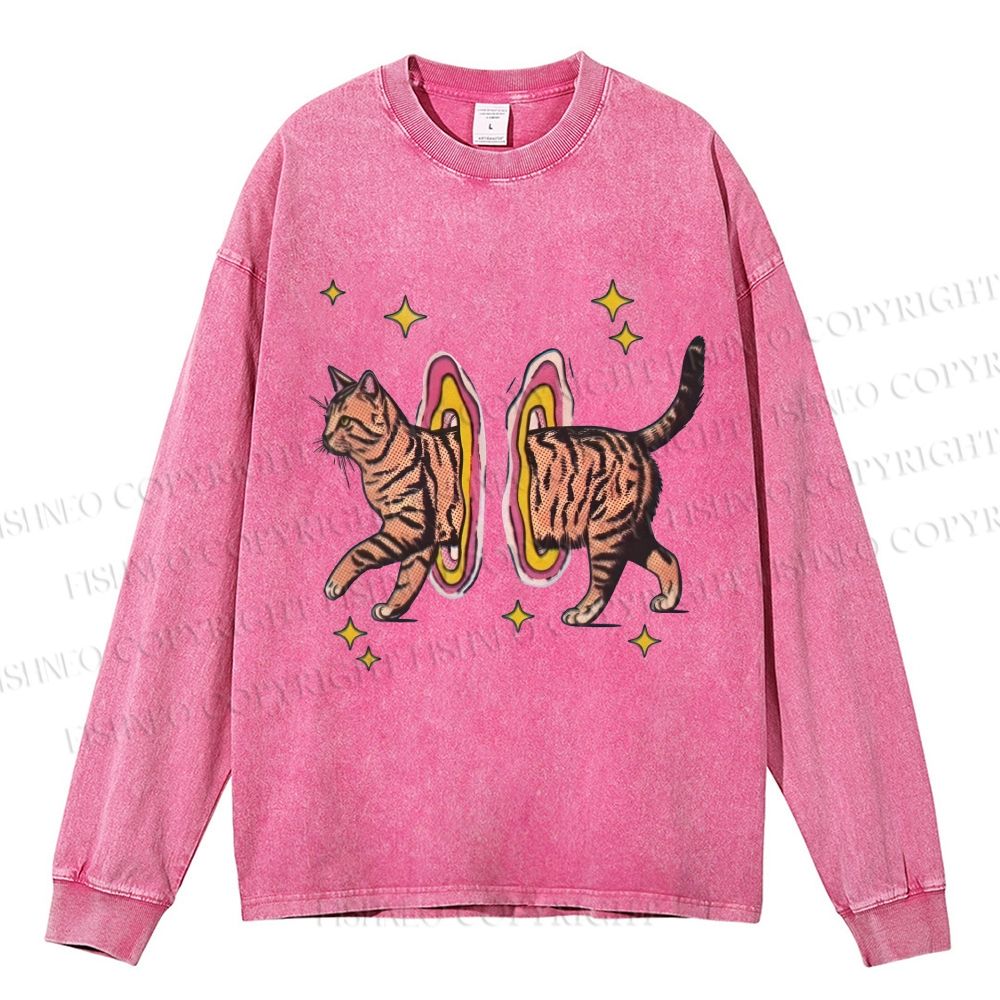 Unisex Casual Washed Vintage Cat Printed Long Sleeve T-shirt