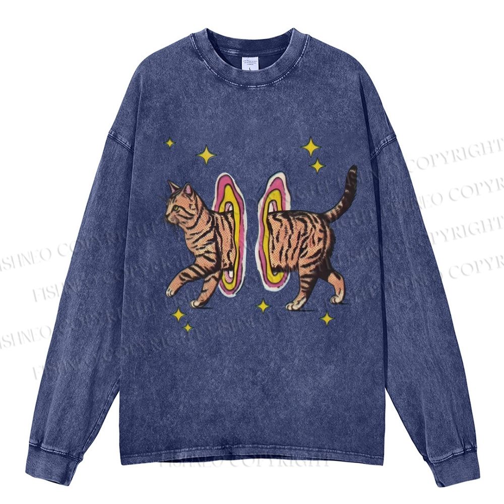 Unisex Casual Washed Vintage Cat Printed Long Sleeve T-shirt
