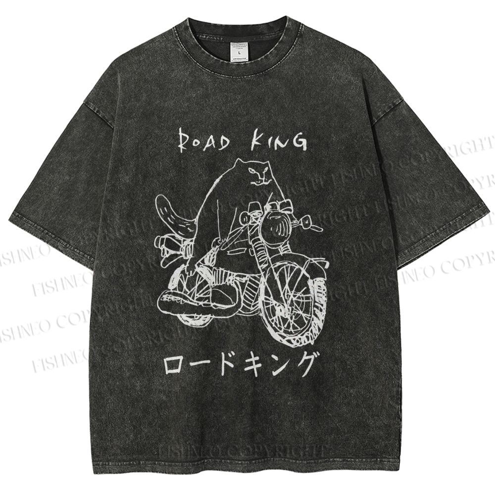 Unisex Weird Cat Road King Printed Washed Tee