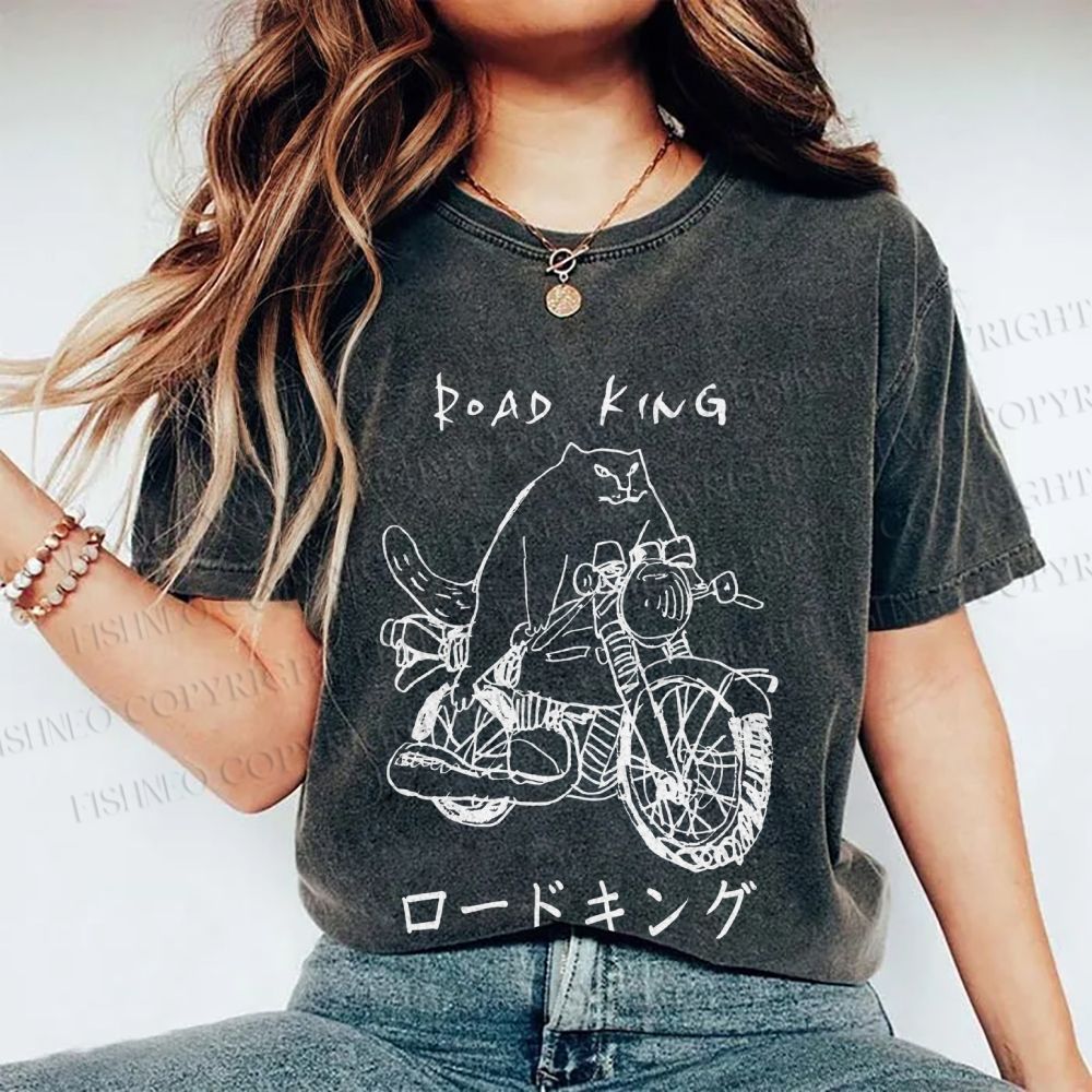 Unisex Weird Cat Road King Printed Washed Tee