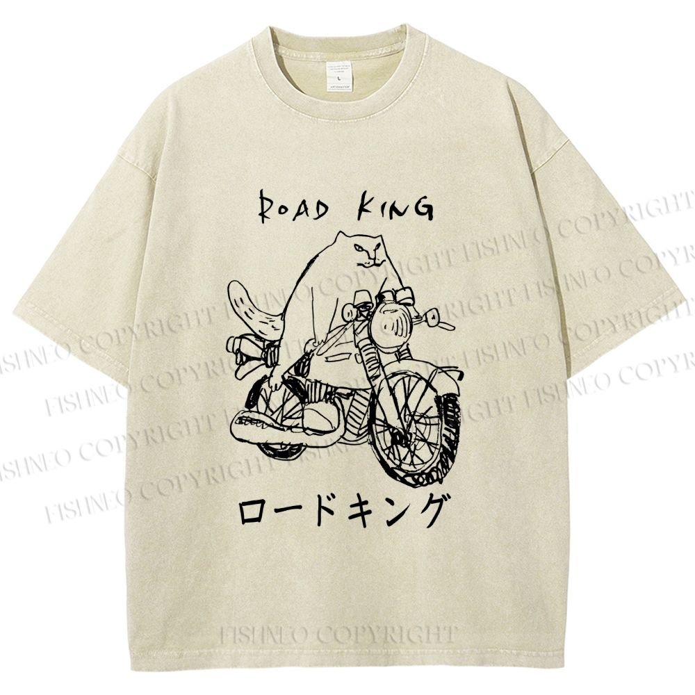 Unisex Weird Cat Road King Printed Washed Tee