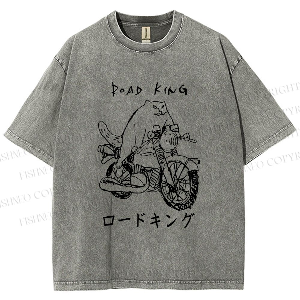 Unisex Weird Cat Road King Printed Washed Tee