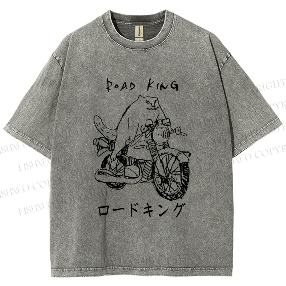 Unisex Weird Cat Road King Printed Washed Tee